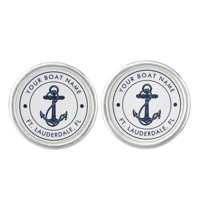 Nautical Anchor Boat Name Navy Blue Boating Custom Cufflinks (Front)