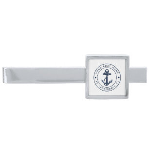 Nautical Anchor Boat Name Navy Blue Boating Custom Silver Finish Tie Bar