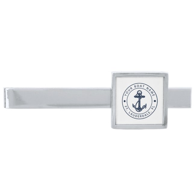 Nautical Anchor Boat Name Navy Blue Boating Custom Silver Finish Tie Bar (Front)