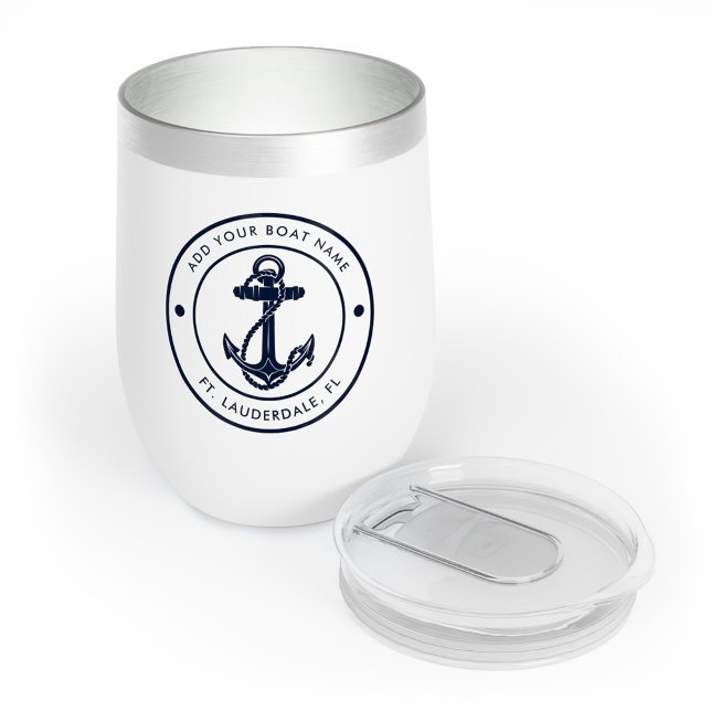 Nautical Anchor Boat Name Navy Blue Boating Custom Thermal Wine Tumbler (Nautical Anchor Navy Blue Typography Boat Name Wine Tumbler)
