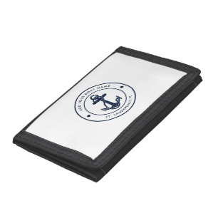Nautical Anchor Boat Name Navy Blue Boating Custom Tri-fold Wallet