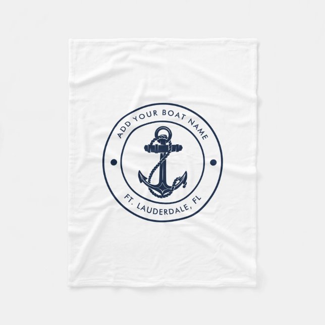 Nautical Anchor Boat Name Navy Blue Boating Swag Fleece Blanket (Front)