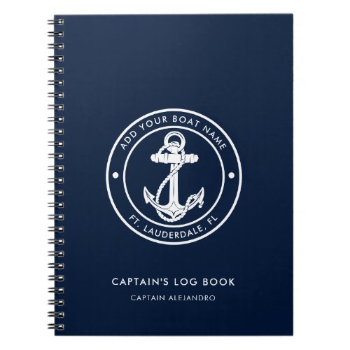 Nautical Anchor Boat Name Navy Blue Captains Log Notebook