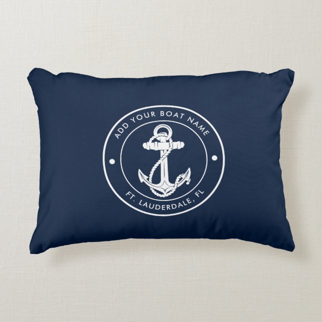 Nautical Anchor Boat Name Navy Blue Custom Accent Pillow (Front)