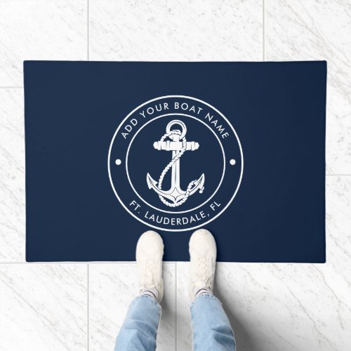 Nautical Anchor Boat Name Navy Blue Custom Doormat