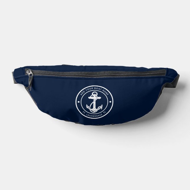 Nautical Anchor Boat Name Navy Blue Custom Fanny Pack (Lay Down)