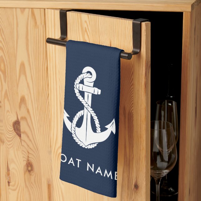 Nautical Anchor Boat Name Navy Blue Custom Kitchen Towel (Thirds Fold)