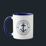 Nautical Anchor Boat Name Navy Blue Custom Mug<br><div class="desc">Add your boat or captain's name and location by clicking the "Personalize" button above. Set sail in style with our custom nautical-themed boating swag coffee mug, the ultimate companion for your maritime adventures. This tote boasts a cute design inspired by the ocean's wonders, featuring classic maritime motifs such as an...</div>