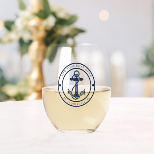 Nautical Anchor Boat Name Navy Blue Custom Stemless Wine Glass