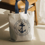 Nautical Anchor Boat Name Navy Blue Custom Tote Bag<br><div class="desc">Add your boat or captain's name and location by clicking the "Personalize" button above. Set sail in style with our custom nautical-themed boating swag tote bag, the ultimate companion for your maritime adventures. This tote boasts a cute design inspired by the ocean's wonders, featuring classic maritime motifs such as an...</div>