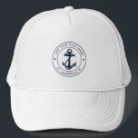 Nautical Anchor Boat Name Navy Blue Custom Trucker Hat<br><div class="desc">Add your boat name, and dock by clicking the "Personalize" button above. Set sail in style with our custom nautical-themed hat, the ultimate companion for your maritime adventures. This trucker hat boasts a cute design inspired by the ocean's wonders, featuring classic maritime motifs such as an anchor and rope. Whether...</div>
