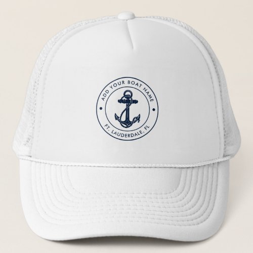 Nautical Anchor Boat Name Navy Blue Custom Trucker Hat