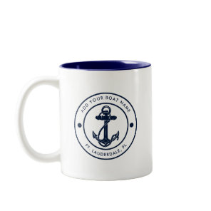Nautical Anchor Boat Name Navy Blue Custom Two-Tone Coffee Mug