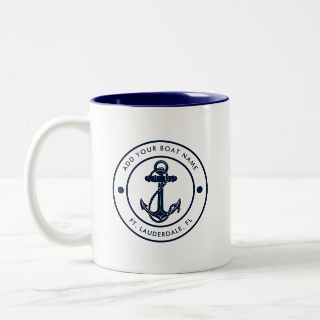 Nautical Anchor Boat Name Navy Blue Custom Two-Tone Coffee Mug (Left)