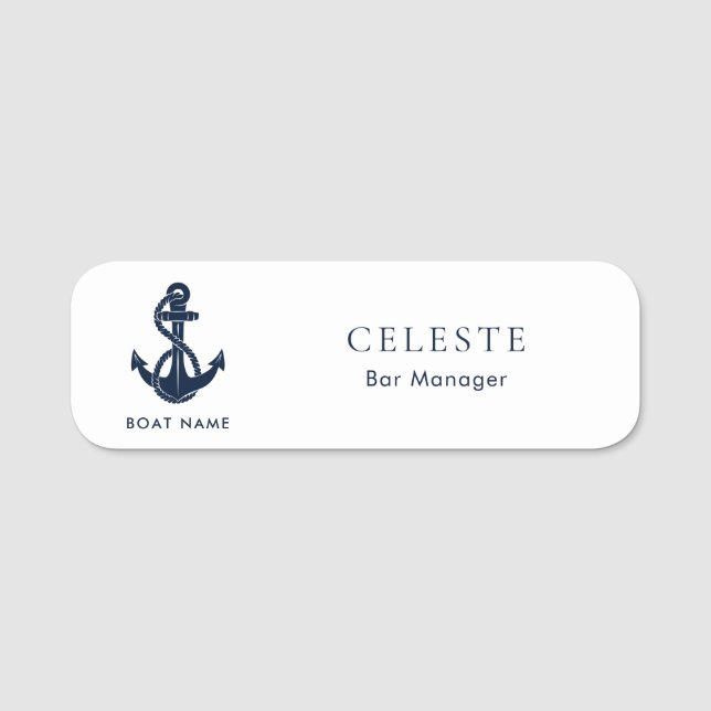 Nautical Anchor Boat Name Navy Blue Employee Tag (Front)