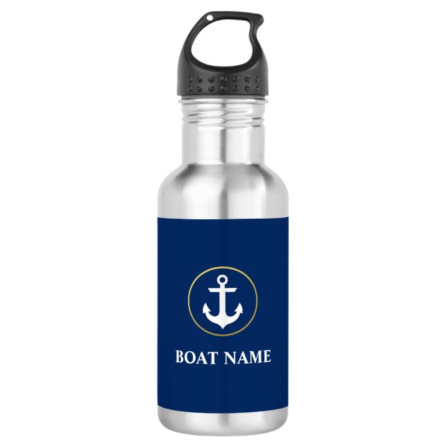 Nautical Anchor Boat Name Navy Blue Gold Stainless Steel Water Bottle (Front)