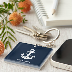 Nautical Anchor Boat Name Navy Blue Keychain