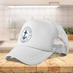 Nautical Anchor Boat Name Navy Blue Ocean Trucker Hat<br><div class="desc">Add your boat name, and dock by clicking the "Personalize" button above. Set sail in style with our custom nautical-themed hat, the ultimate companion for your maritime adventures. This trucker hat boasts a cute design inspired by the ocean's wonders, featuring classic maritime motifs such as an anchor and rope. Whether...</div>