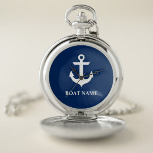 Nautical Anchor Boat Name Navy Blue Pocket Watch