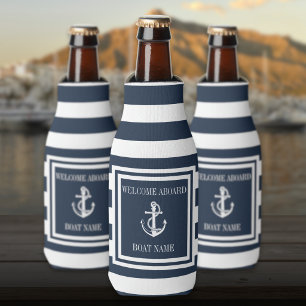Nautical Anchor Boat Name Navy Blue Striped Bottle Cooler