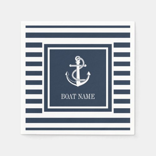Nautical Anchor Boat Name Navy Blue Striped Napkins