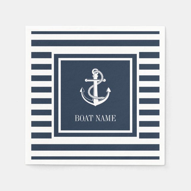 Nautical Anchor Boat Name Navy Blue Striped Napkins (Front)
