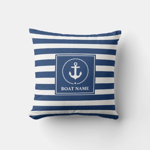 Nautical Anchor Boat Name Navy Blue Striped Outdoor Pillow