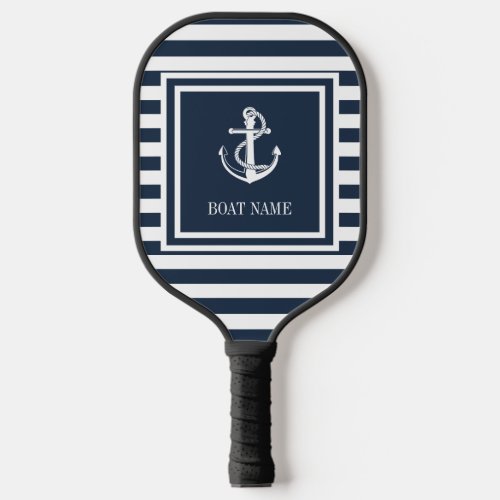 Nautical Anchor Boat Name Navy Blue Striped Pickleball Paddle