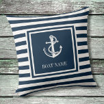 Nautical Anchor Boat Name Navy Blue Striped Throw Pillow<br><div class="desc">A nautical design featuring an anchor,  stylish navy blue and white stripes and personalized with your boat name. Designed by Thisisnotme©</div>