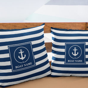 Nautical Anchor Boat Name Navy Blue Striped Throw Pillow