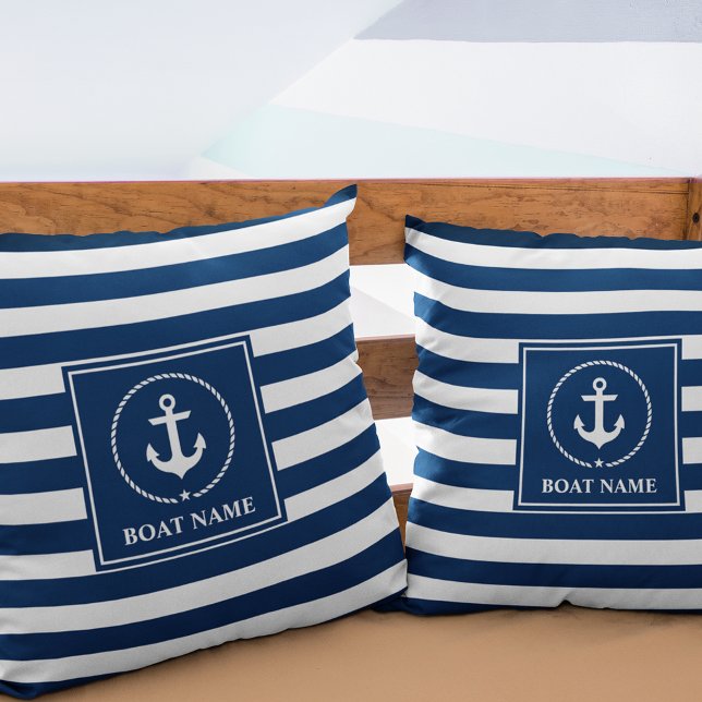 Nautical Anchor Boat Name Navy Blue Striped Throw Pillow (Customize to change text size or text style.)