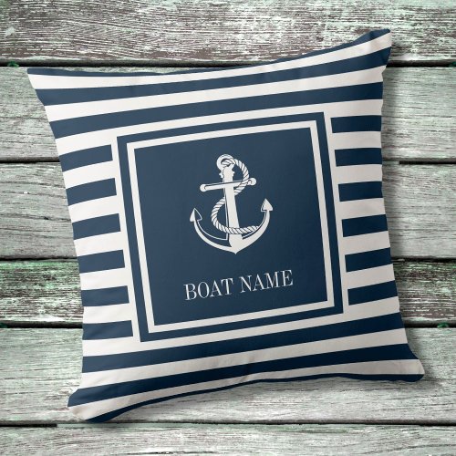 Nautical Anchor Boat Name Navy Blue Striped Throw Pillow