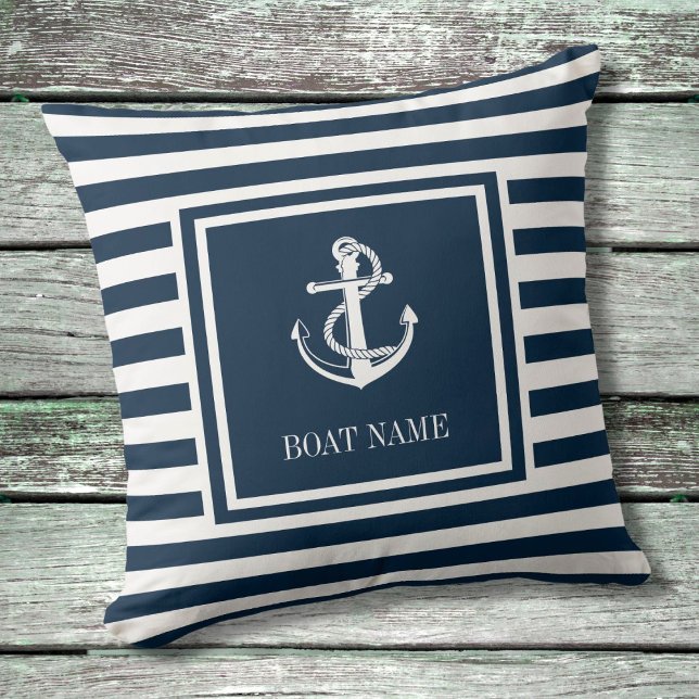 Nautical Anchor Boat Name Navy Blue Striped Throw Pillow (Creator Uploaded)
