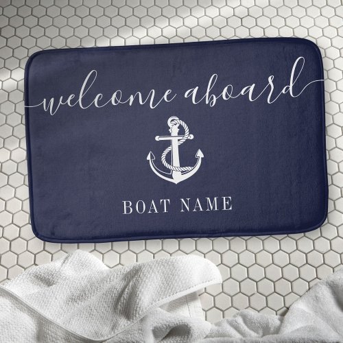 Nautical Anchor Boat Name Navy Blue Welcome Aboard Bath Mat
