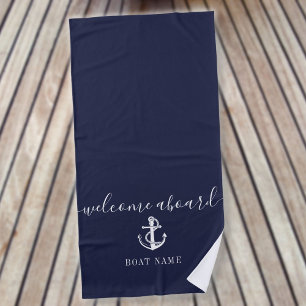 Nautical Anchor Boat Name Navy Blue Welcome Aboard Beach Towel