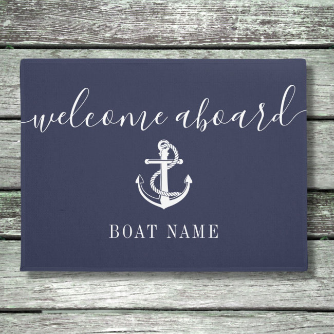 Nautical Anchor Boat Name Navy Blue Welcome Aboard Doormat