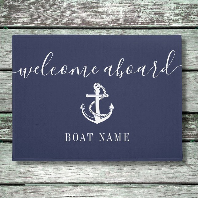 Nautical Anchor Boat Name Navy Blue Welcome Aboard Doormat (Creator Uploaded)