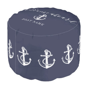 Nautical Anchor Boat Name Navy Blue Welcome Aboard Pouf