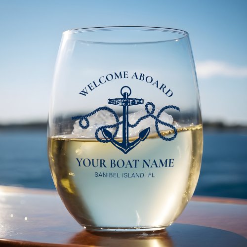 Nautical Anchor Boat Name Navy Blue Welcome Aboard Stemless Wine Glass