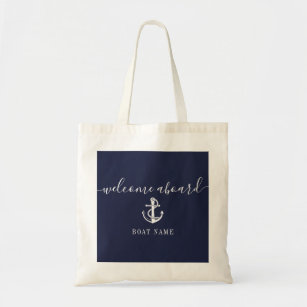Nautical Anchor Boat Name Navy Blue Welcome Aboard Tote Bag