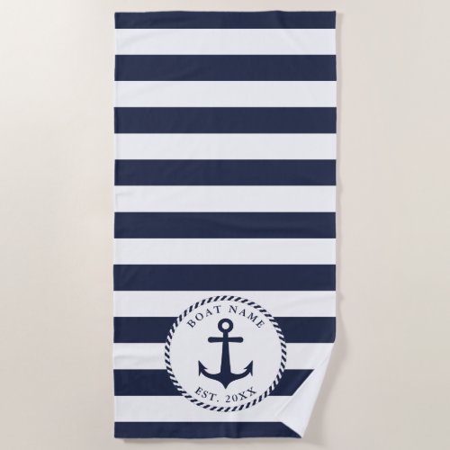 Nautical Anchor Boat Name Navy Blue White Beach Towel