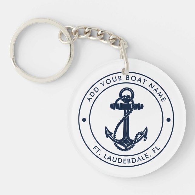 Nautical Anchor Boat Name Navy Blue White Keychain (Front)