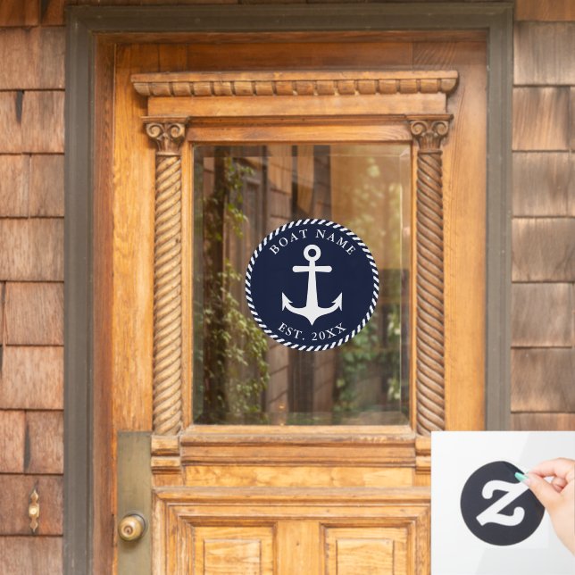 Nautical Anchor Boat Name Round Navy Blue & White Window Cling (Home Door)