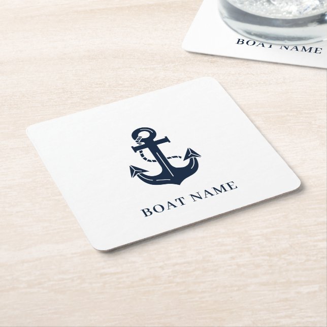 Nautical Anchor Boat Name Square Paper Coaster (Angled)