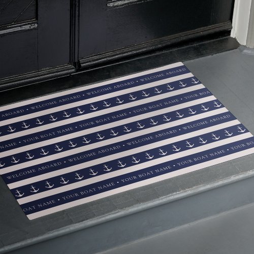 Nautical Anchor Boat Name Stripe Welcome Aboard Doormat