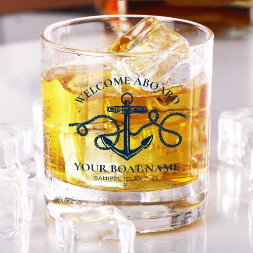 Nautical Anchor Boat Name Welcome Aboard Navy Blue Whiskey Glass