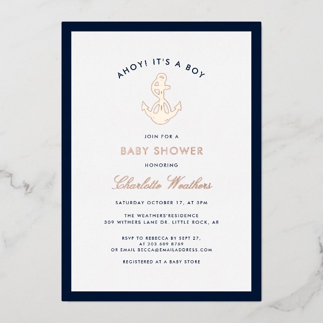 Nautical Anchor Boy Baby Shower Foil Invitation (Front)