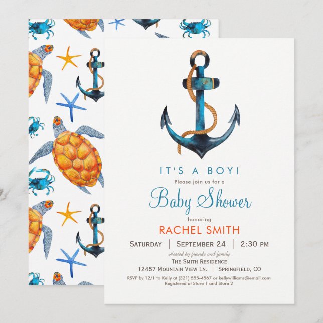 Nautical Anchor Boy Baby Shower Invitation (Front/Back)