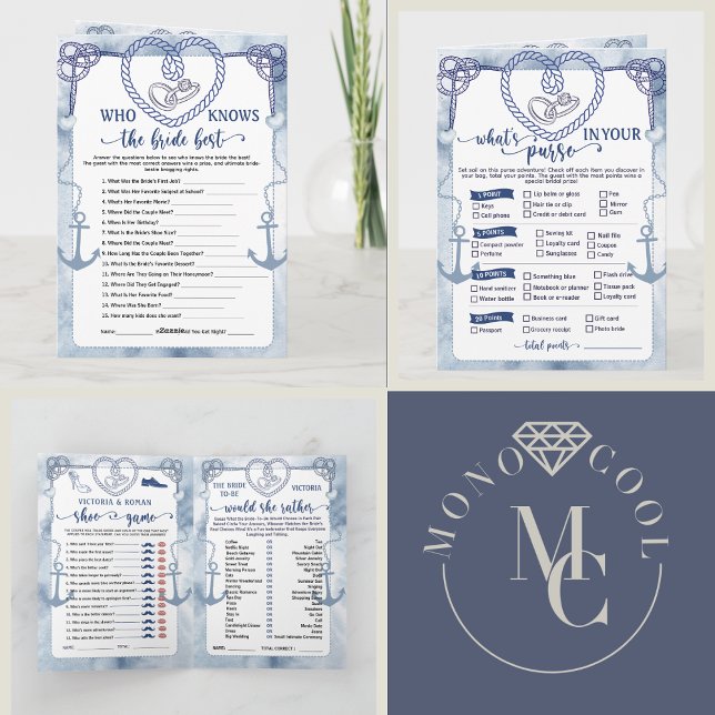  Nautical Anchor Bridal Shower, Activities 4 Games Invitation (Nautical Anchor Bridal Shower, Wedding 4 Games activities beach theme destination fun play marine)