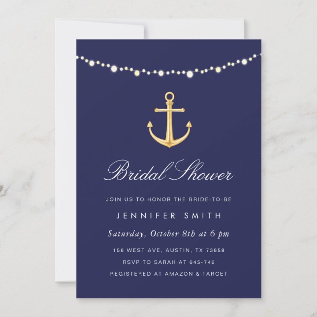 Nautical Anchor Bridal Shower Invitation Navy Gold (Front)